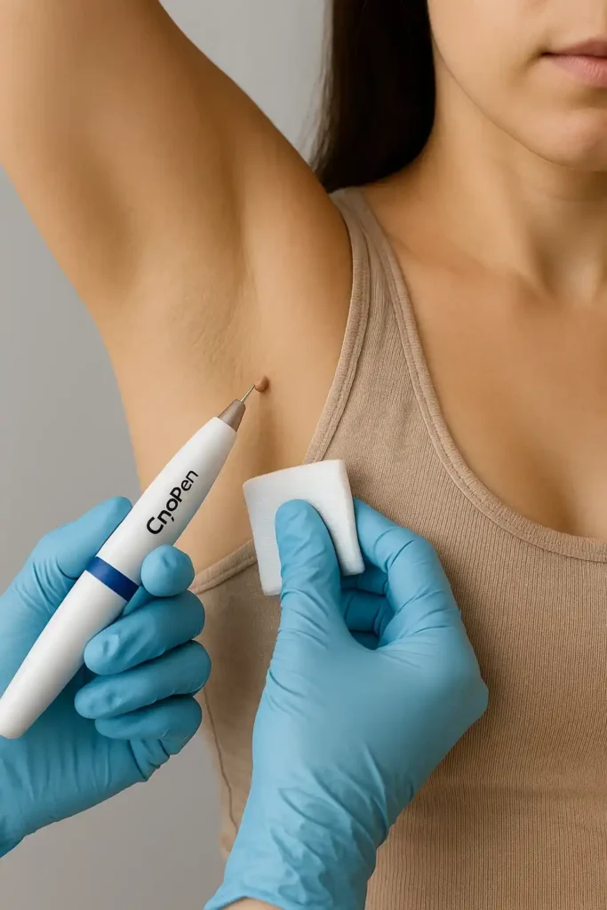 woman having cryopen to remove underarm skin tags Northampton