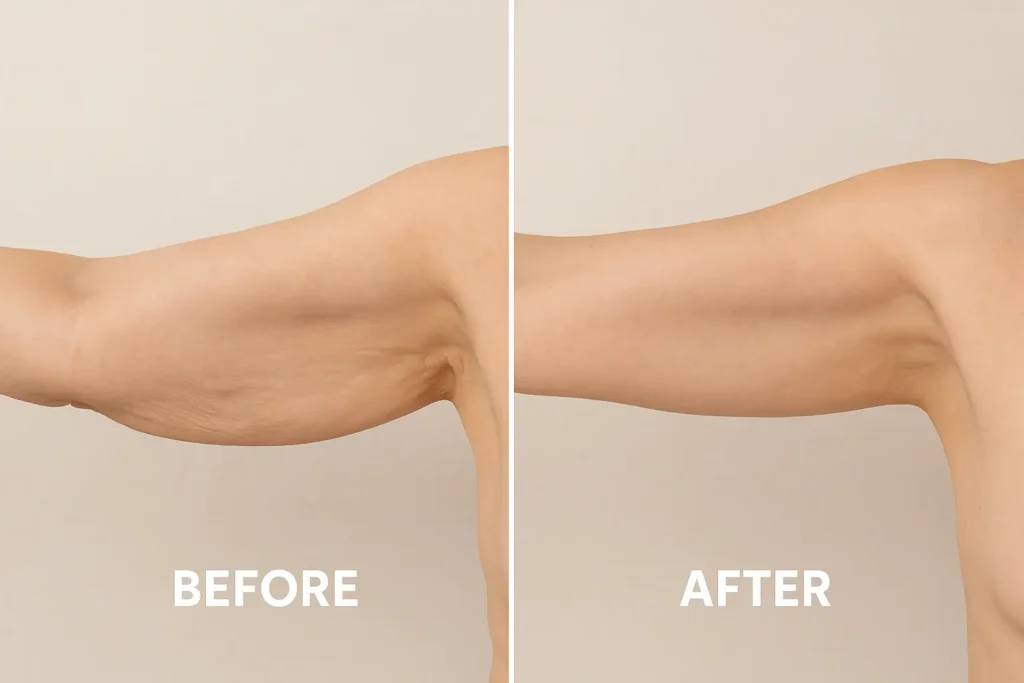 Picture of LA LIPO Northampton before and after results of skin tightening treatment on the upper arms.
