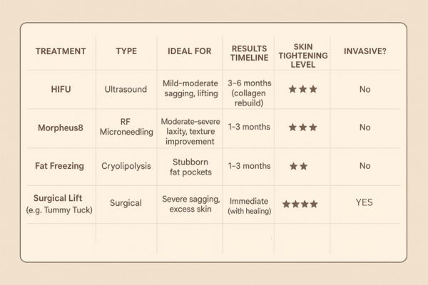 Table showing the comparisons of Skin tightening Northampton treatment options. 